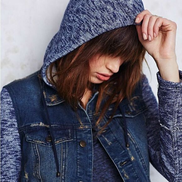 Free People Mixed Media Space Dye Knit Hooded Denim Jean Jacket Blue Size XS - Picture 2 of 10